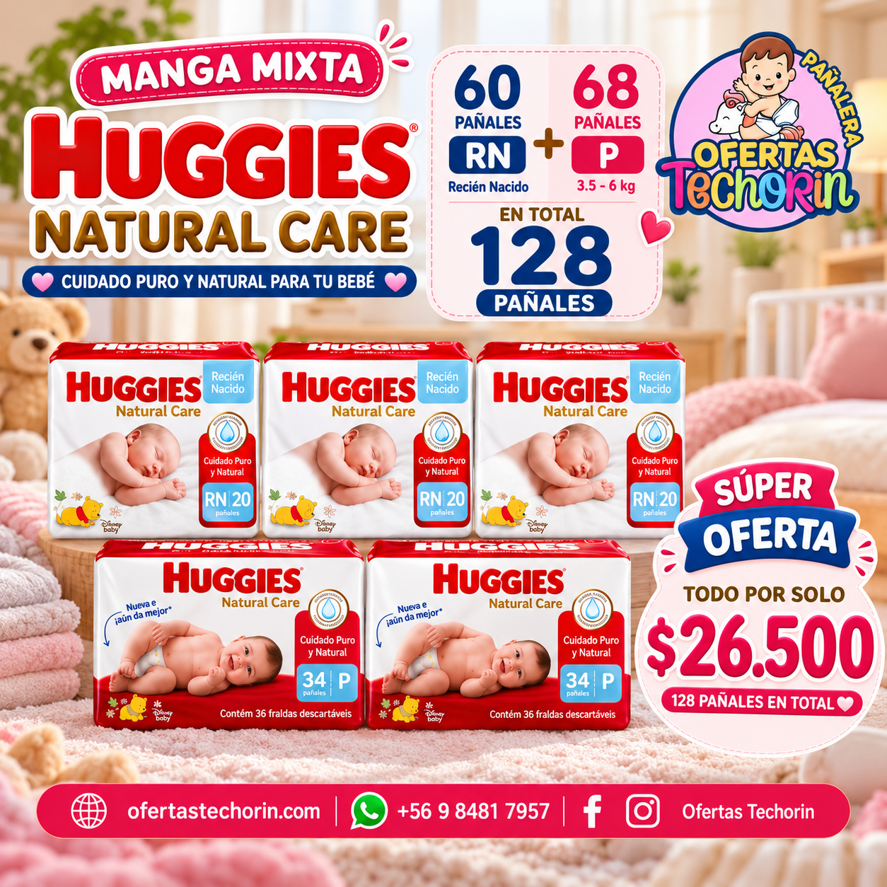 HUGGIES NATURAL CARE MANGA MEZCLADA RN+P 128 PAÑALES